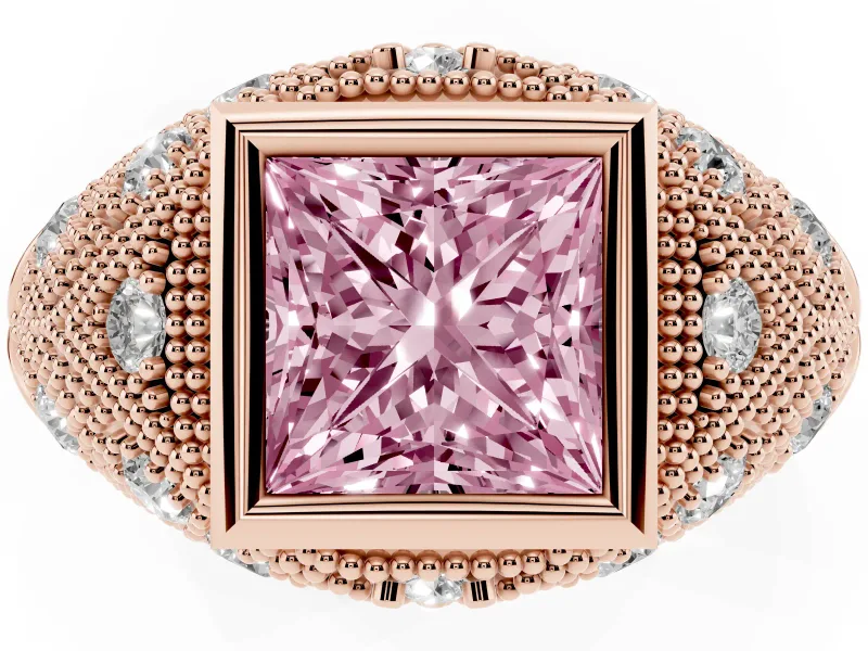 Fancy Pink Princess Cut Diamond Bezel Ring Set in Rose gold with Milgrain Accent Band