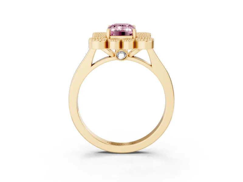 Emerald Cut Milgrain Cluster Halo Engagement Ring Setting for a Fancy Pink Lab-Grown Diamond | Plain Band | Yellow Gold
