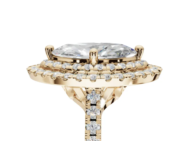 Marquise Double Halo Engagement Ring Setting | Pave Shoulders | Yellow Gold