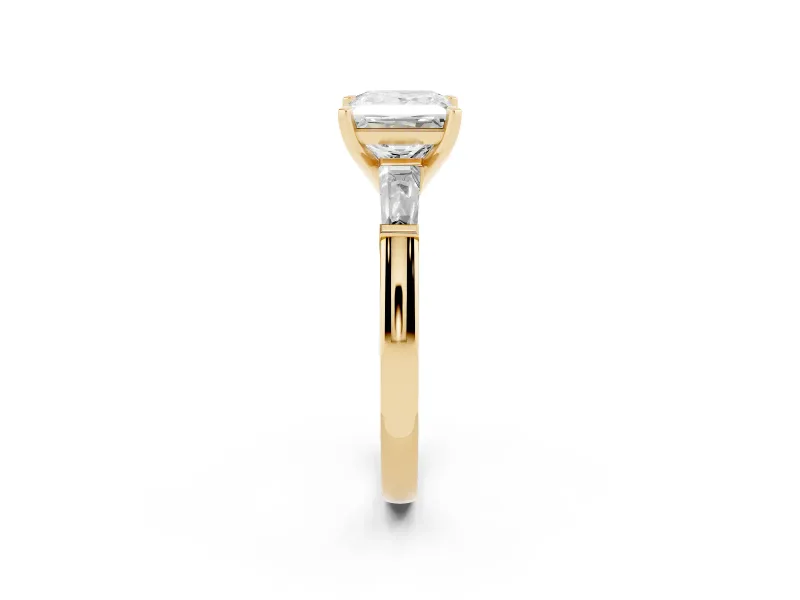 Princess Cut Three Stone Engagement Ring Setting | Tapered Baguettes | Yellow Gold