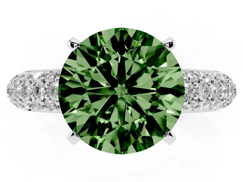 Fancy Green Round Cut Diamond Solitaire Ring Set in White gold with Prong Setting and Pavé-Set Band