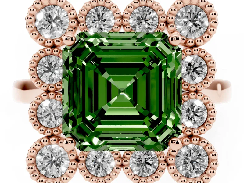 Asscher Cut Milgrain Cluster Halo Engagement Ring Setting for a Fancy Green Lab-Grown Diamond | Plain Band | Rose Gold