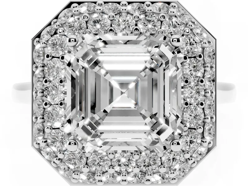 Asscher Cut Diamond Halo Engagement Ring Set in Silver with Solitaire Band and Prong Setting