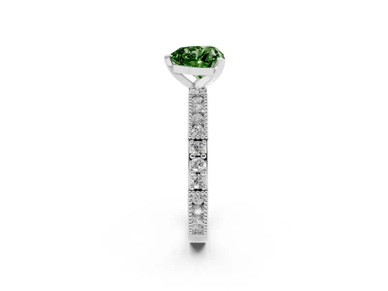 Fancy Green Heart Cut Diamond Solitaire Ring Set in Platinum with Slim Pavé Band and Prong Setting