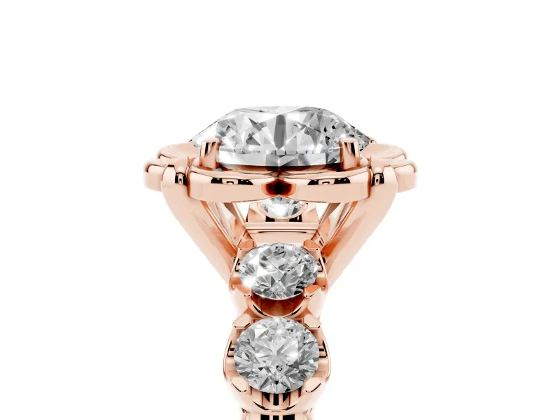 Round Floral Engagement Ring Setting | Petal Frame and Side Stones | Rose Gold