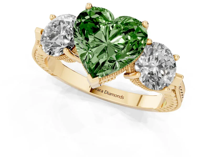 Heart-Shaped Vintage Three Stone Engagement Ring Setting for a Fancy Green Lab-Grown Diamond | Yellow Gold - Design NV-24868
