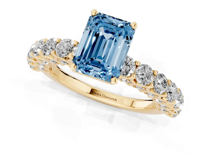 Emerald Cut Shared Prong Engagement Ring Setting for a Fancy Blue Lab-Grown Diamond | Yellow Gold
