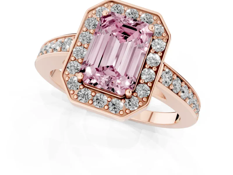 Fancy Pink Emerald Cut Diamond Halo Pavé Engagement Ring Set in Rose gold with Bezel Setting