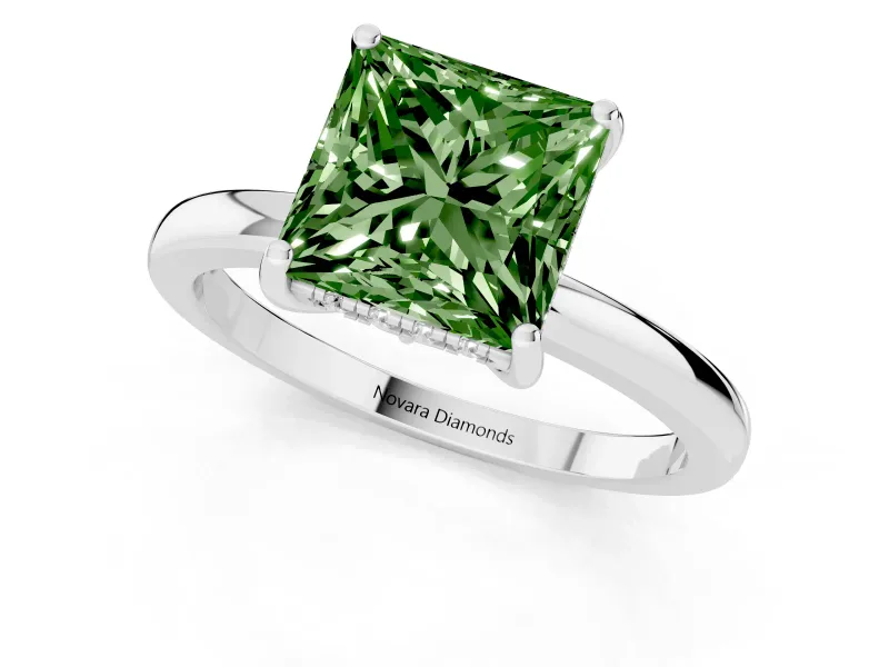 Princess Cut Hidden Halo Engagement Ring Setting for a Fancy Green Lab-Grown Diamond | Thin Band | Sterling Silver