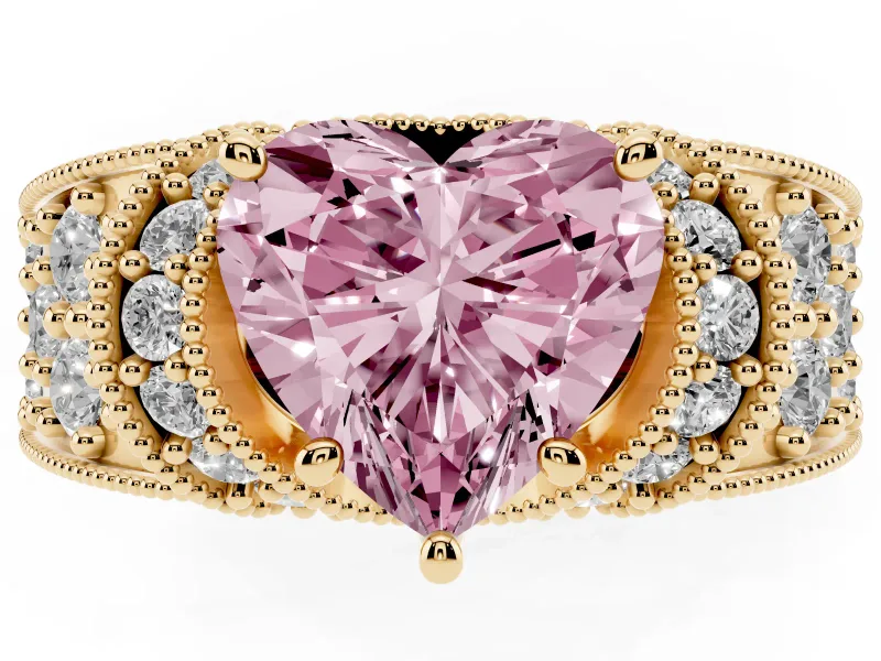 Heart-Shaped Vintage Pave Engagement Ring Setting for a Fancy Pink Lab-Grown Diamond | Milgrain Edges | Yellow Gold