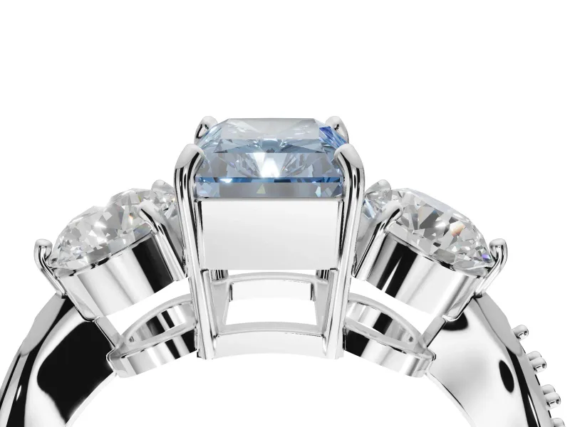 Radiant Cut Three Stone Engagement Ring Setting for a Fancy Blue Lab-Grown Diamond | Tapered Pave Band | Sterling Silver