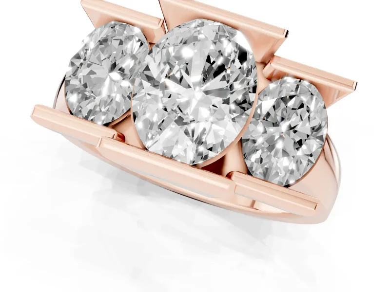 Oval Cut Diamond Three-Stone Channel Set Ring Set in Rose gold with Smooth Polished Band