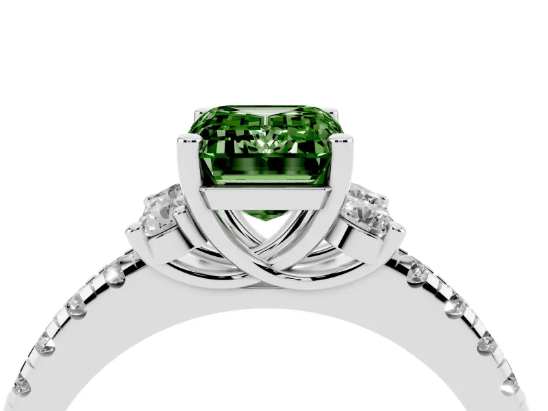 Emerald Cut Side Stone Engagement Ring Setting for a Fancy Green Lab-Grown Diamond | Pave Band | White Gold