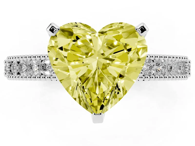 Fancy Yellow Heart Cut Diamond Solitaire Ring Set in Platinum with Slim Pavé Band and Prong Setting