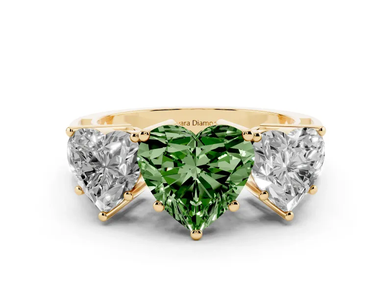 Fancy Green Heart Cut Diamond Three-Stone Ring Set in Yellow gold with Textured Band