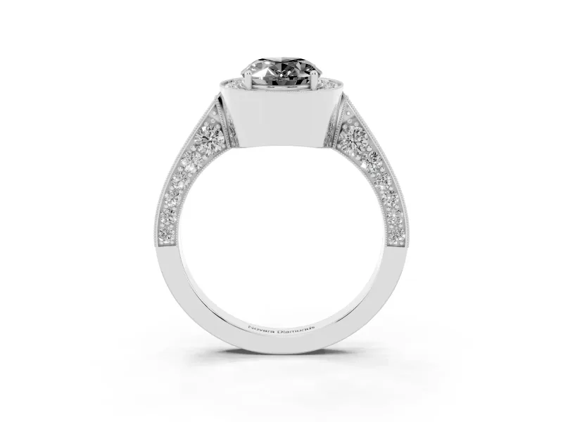 Oval Milgrain Halo Engagement Ring Setting for a Black Center | Side Stones | Platinum