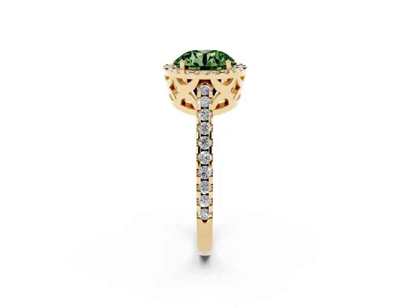 Round Pave Halo Engagement Ring Setting for a Fancy Green Lab-Grown Diamond | Yellow Gold