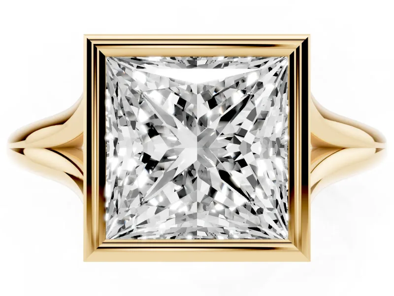 Bezel Set Princess Cut Diamond Solitaire Ring Set in Yellow gold with Tapered Band