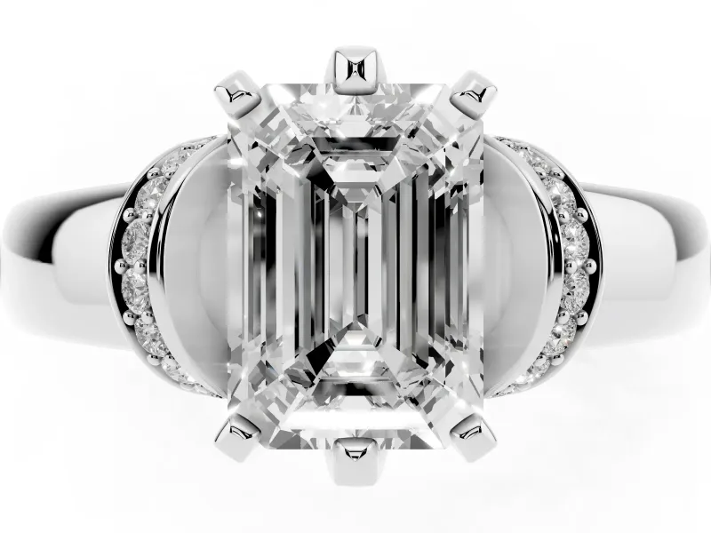 Emerald Cut Pavé Collar Solitaire Engagement Ring Setting | Wide Polished Band | White Gold