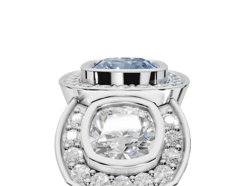 Cushion Cut Three Stone Halo Engagement Ring Setting for a Fancy Blue Lab-Grown Diamond | White Gold