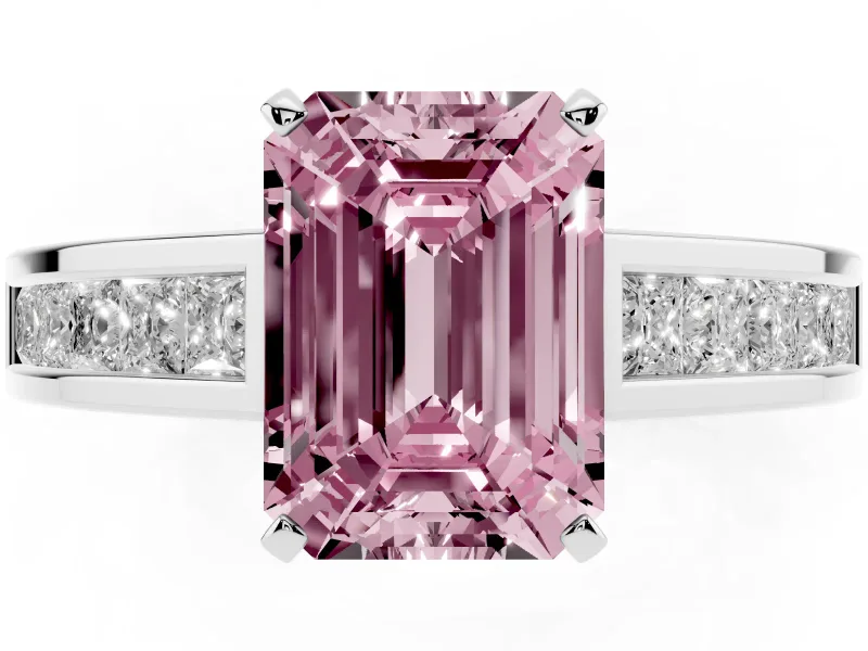 Fancy Pink Emerald Cut Diamond Solitaire Ring Set in Silver with Channel-Set Band and Prong Setting