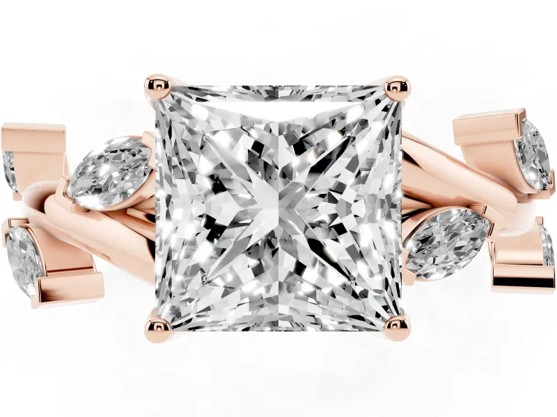Princess Cut Twisted Vine Engagement Ring Setting | Marquise Side Stones | Rose Gold