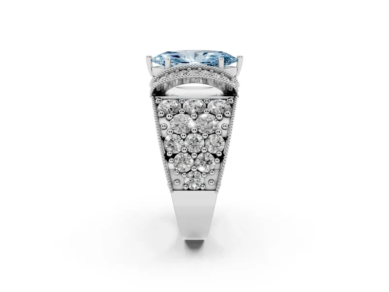 Fancy Blue Marquise Cut Diamond Milgrain Halo Pavé Engagement Ring Set in Silver with Prong Setting