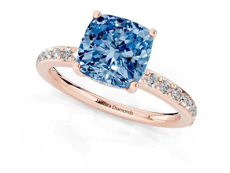 Fancy Blue Cushion Cut Diamond Pavé Band Ring Set in Rose gold with Prong-Set Center Stone