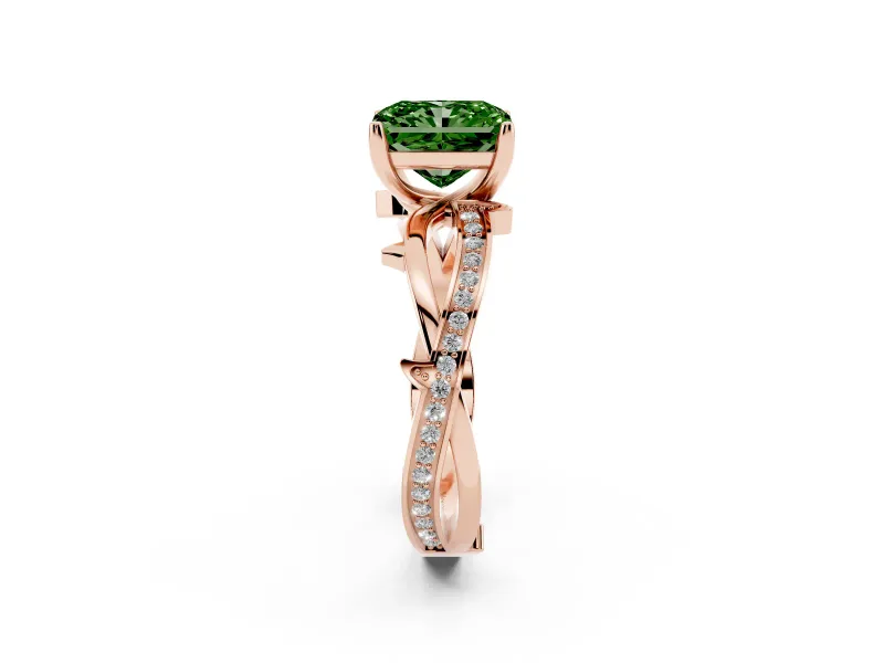 Fancy Green Radiant Cut Diamond Pavé Twist Band Solitaire Ring Set in Rose gold with Prong Setting