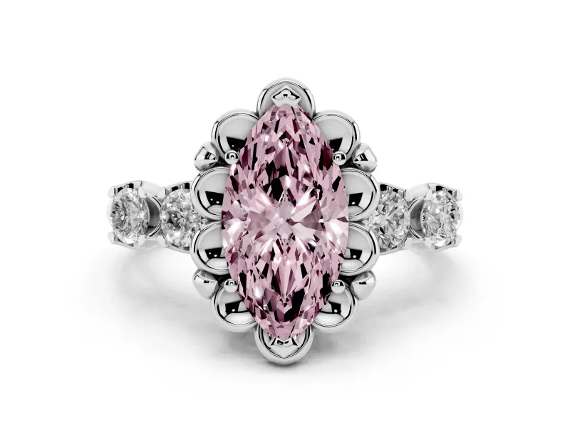 Fancy Pink Marquise Cut Diamond Floral Halo Ring Set in Silver with Shared Prong Band