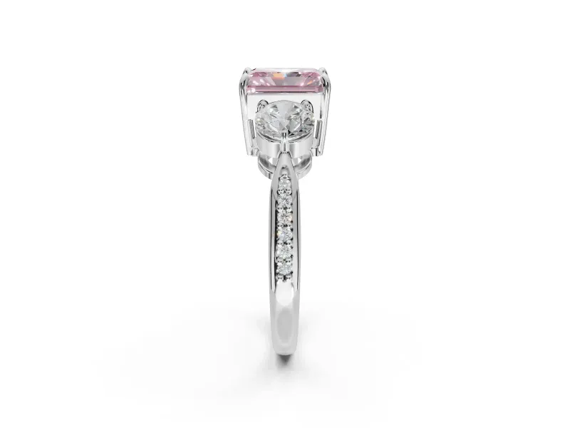 Radiant Cut Three Stone Engagement Ring Setting for a Fancy Pink Lab-Grown Diamond | Tapered Pave Band | Platinum