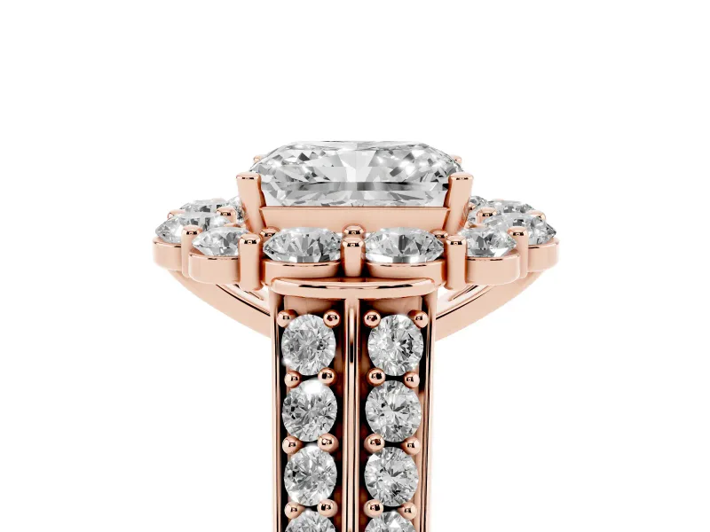 Radiant Cut Diamond Halo Engagement Ring Set in Rose gold with Split Shank and Prong Setting