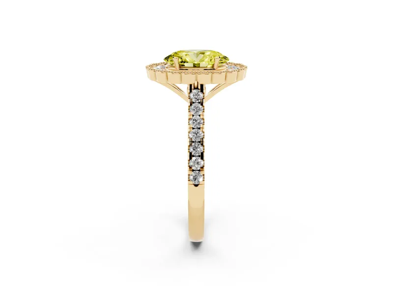 Fancy Yellow Oval Cut Diamond Milgrain Floral Halo Engagement Ring Set in Yellow gold with Pavé Band