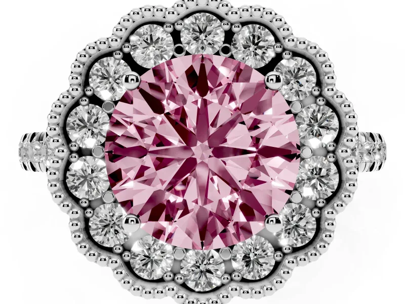 Round Milgrain Floral Halo Engagement Ring Setting for a Fancy Pink Lab-Grown Diamond | Pavé Band | Sterling Silver