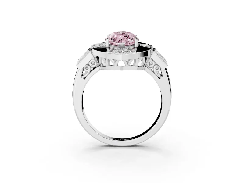 Fancy Pink Marquise Cut Diamond Milgrain Halo Ring Set in Silver with Split Shank