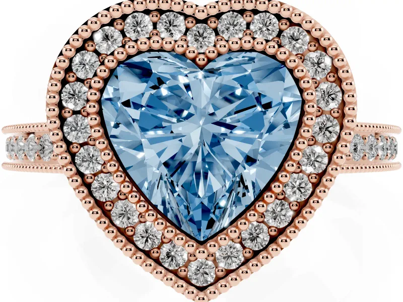 Fancy Blue Heart Cut Diamond Halo Ring Set in Rose gold with Pavé Band and Milgrain-Edged Prongs