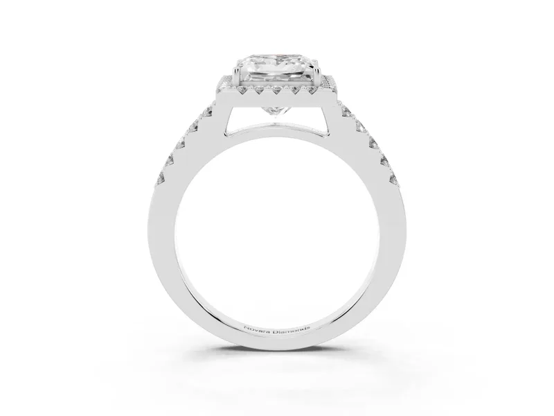 Princess Cut Diamond Halo Pavé Solitaire Ring Set in White gold with Prong-Set Center Stone