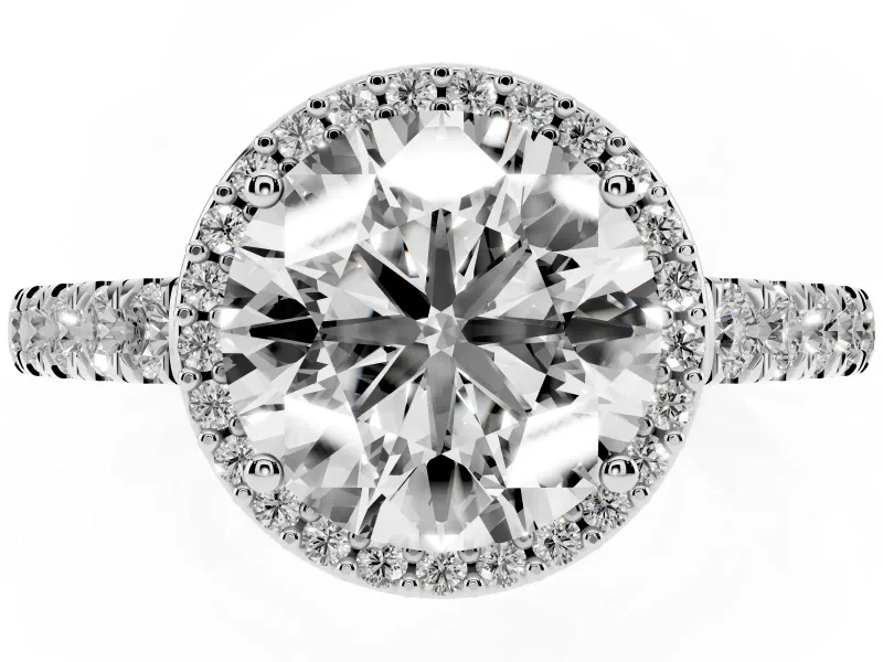 Round Cut Diamond Halo Engagement Ring Set in White gold with Pavé Band and Prong Setting
