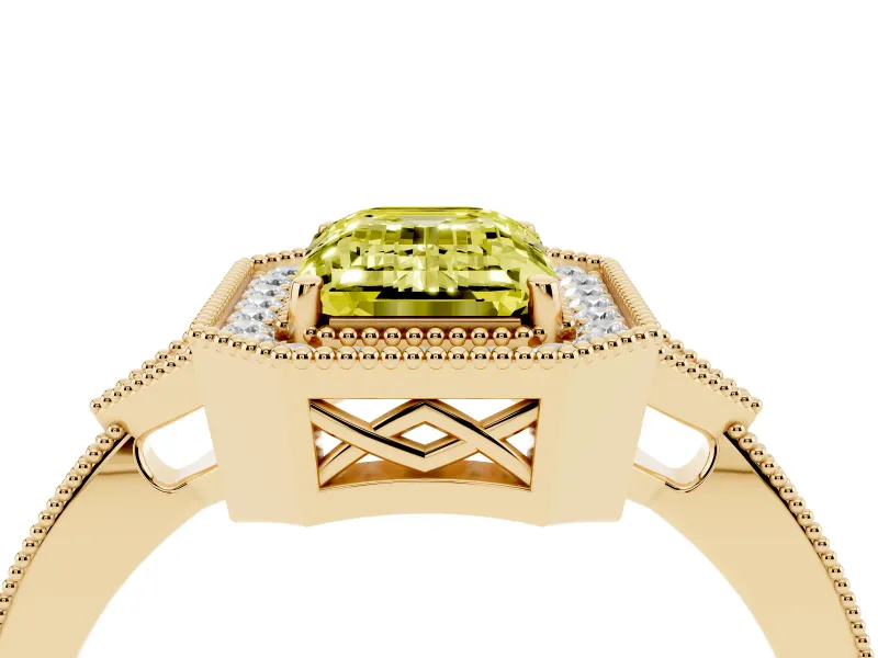 Emerald Cut Milgrain Halo Engagement Ring Setting for a Fancy Yellow Lab-Grown Diamond | Graduated Pavé | Yellow Gold
