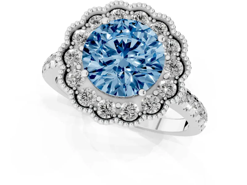Fancy Blue Round Cut Diamond Milgrain Floral Halo Engagement Ring Set in Platinum with Pavé Band