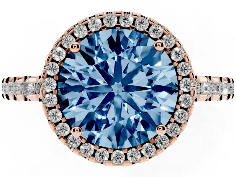 Round Halo Engagement Ring Setting for a Fancy Blue Lab-Grown Diamond | Half Pave Band | Rose Gold