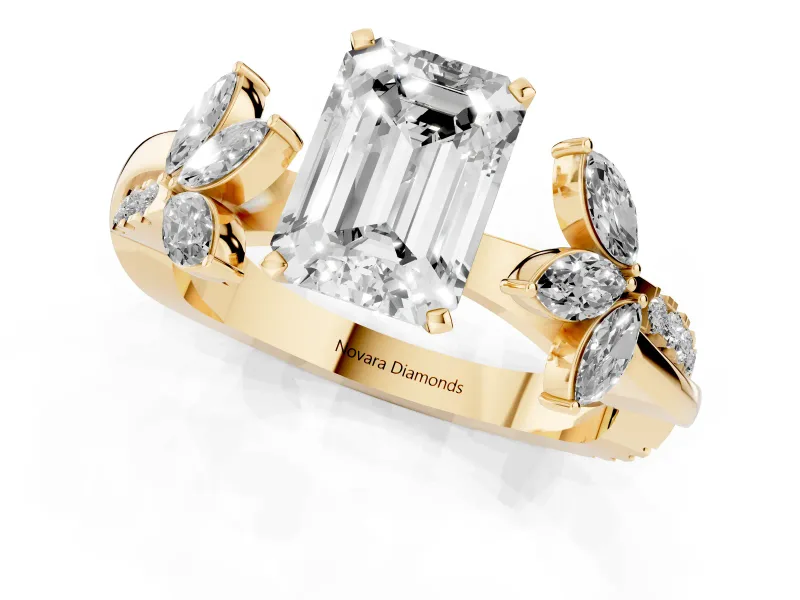 Emerald Cut Diamond Floral Vine Solitaire Engagement Ring Set in Yellow gold with Marquise Leaves