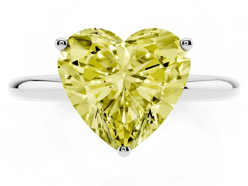 Fancy Yellow Heart Cut Diamond Solitaire Engagement Ring Set in Platinum with Prong Setting and Polished Band