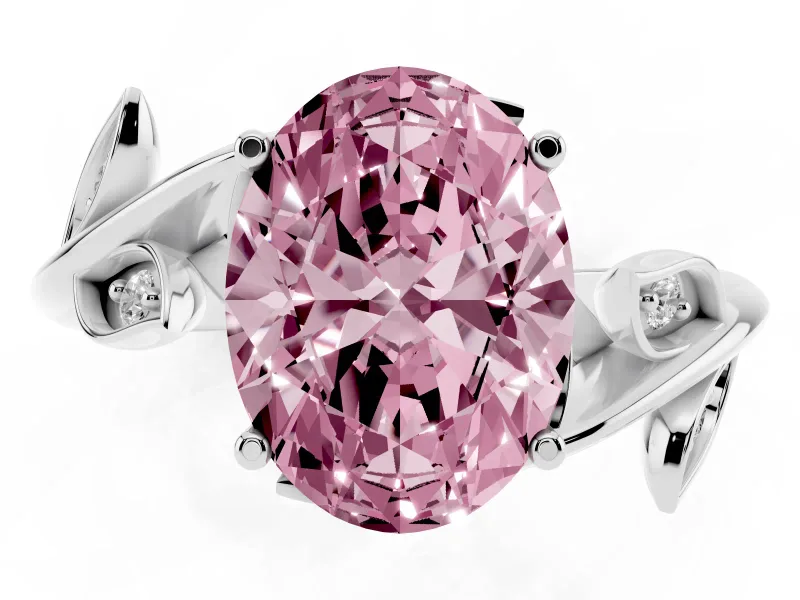 Fancy Pink Oval Cut Diamond Solitaire Twist Engagement Ring Set in Silver with Pavé Leaf Accents