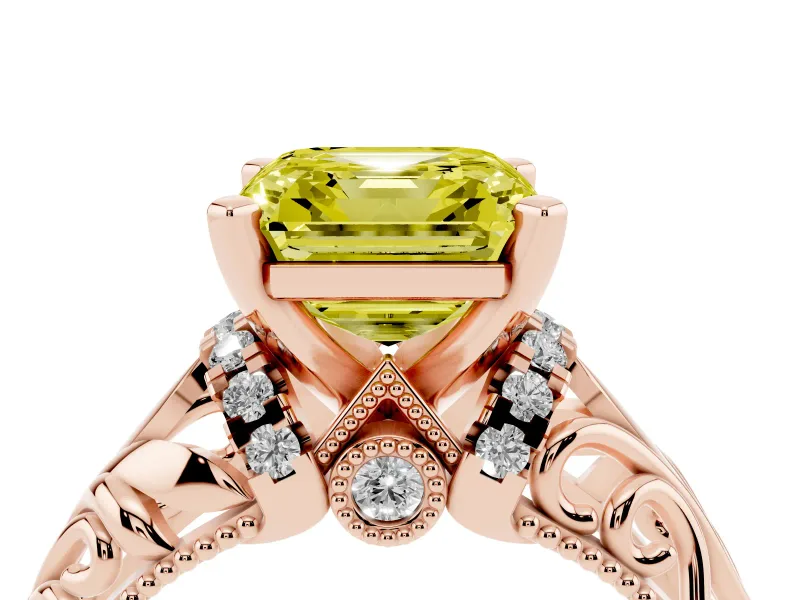 Fancy Yellow Asscher Cut Diamond Filigree Halo Engagement Ring Set in Rose gold with Prong Setting