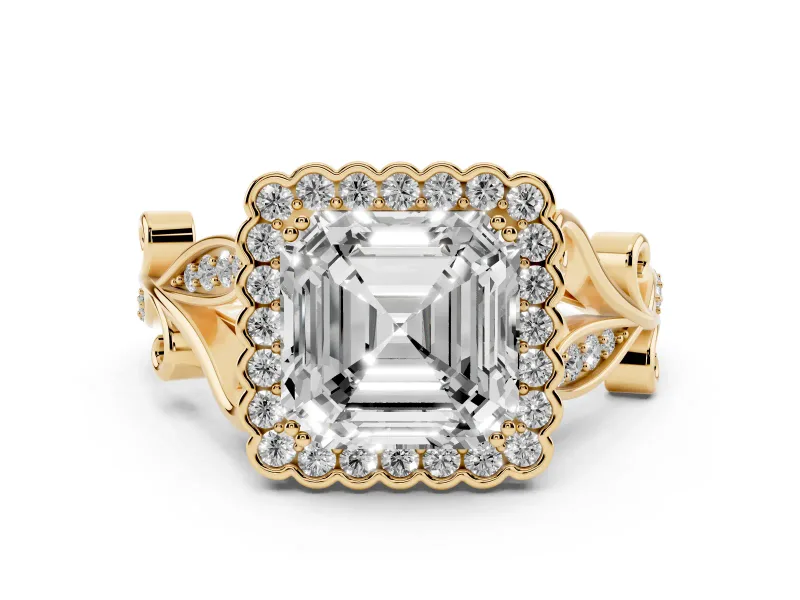 Asscher Cut Diamond Halo Ring Set in Yellow gold with Leaf Motif Split Shank and Prong Setting