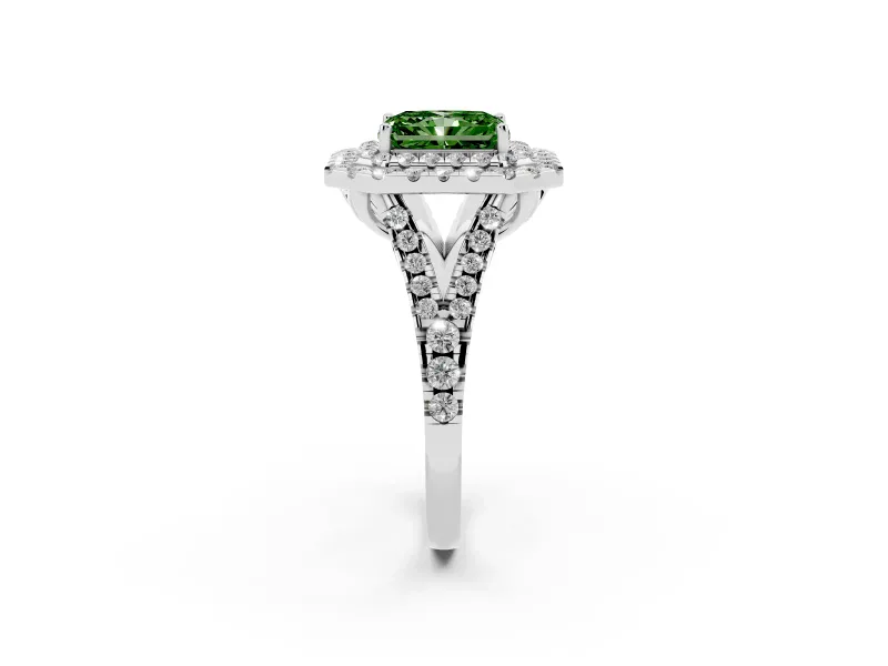 Radiant Cut Halo Split Shank Engagement Ring Setting for a Fancy Green Lab-Grown Diamond | Pavé Strands | White Gold