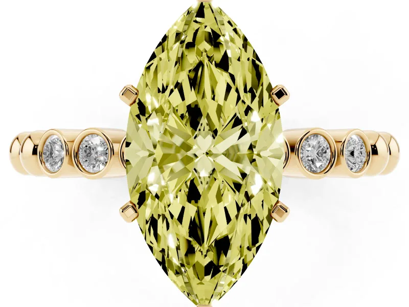 Fancy Yellow Marquise Cut Diamond Solitaire Engagement Ring Set in Yellow gold with Bezel Accents on Beaded Band