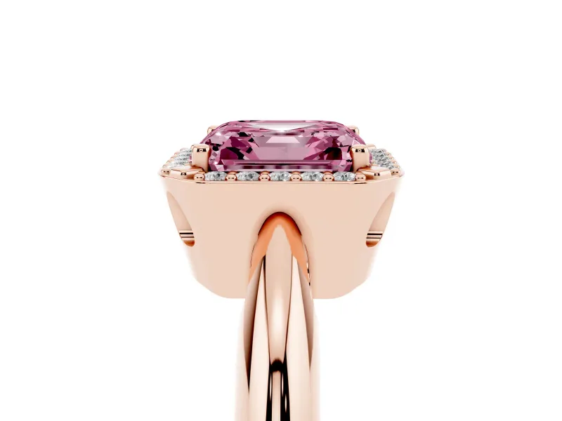 Fancy Pink Asscher Cut Diamond Halo Engagement Ring Set in Rose gold with Plain Split Shank and Prong Setting