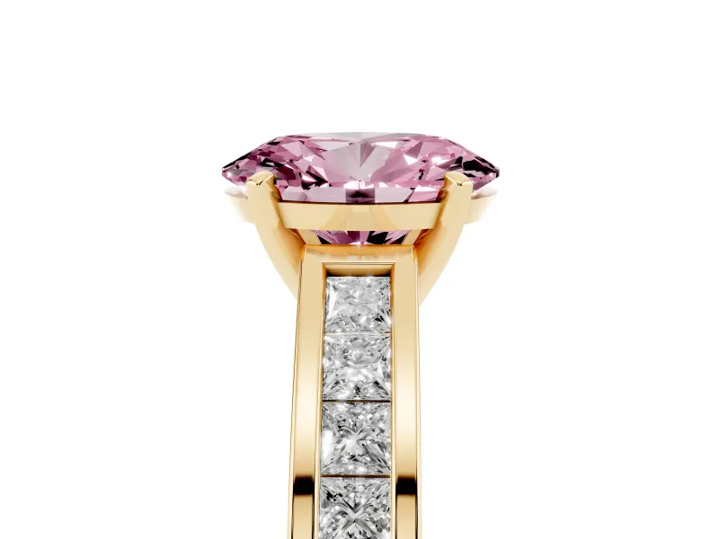 Fancy Pink Oval Cut Diamond Solitaire Ring Set in Yellow gold with Channel-Set Band and Prong Setting